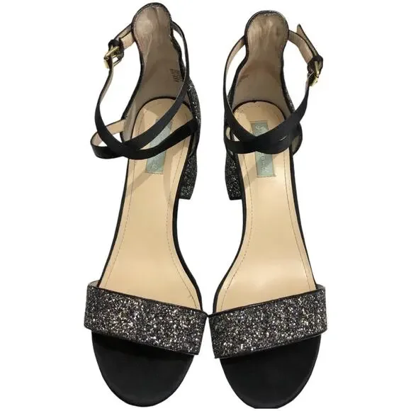 Blue by Betsey Johnson SB-Lane Glitter Block Heel Sandals Black 11 EUC
